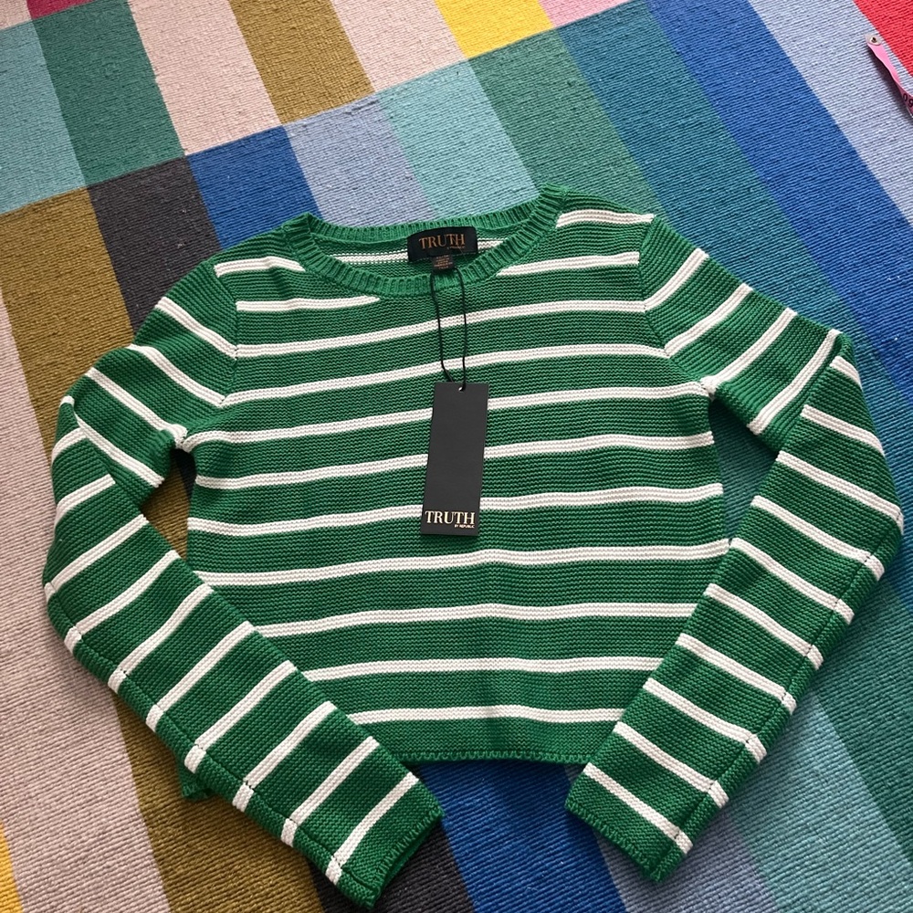 Truth Green & White Striped Cropped Crewneck Sweater